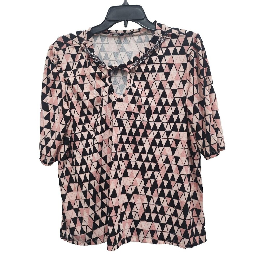 Como Black‎ BOHO Top XL Black Pink Abstract Artsy Keyhole Neck Short Sleeve